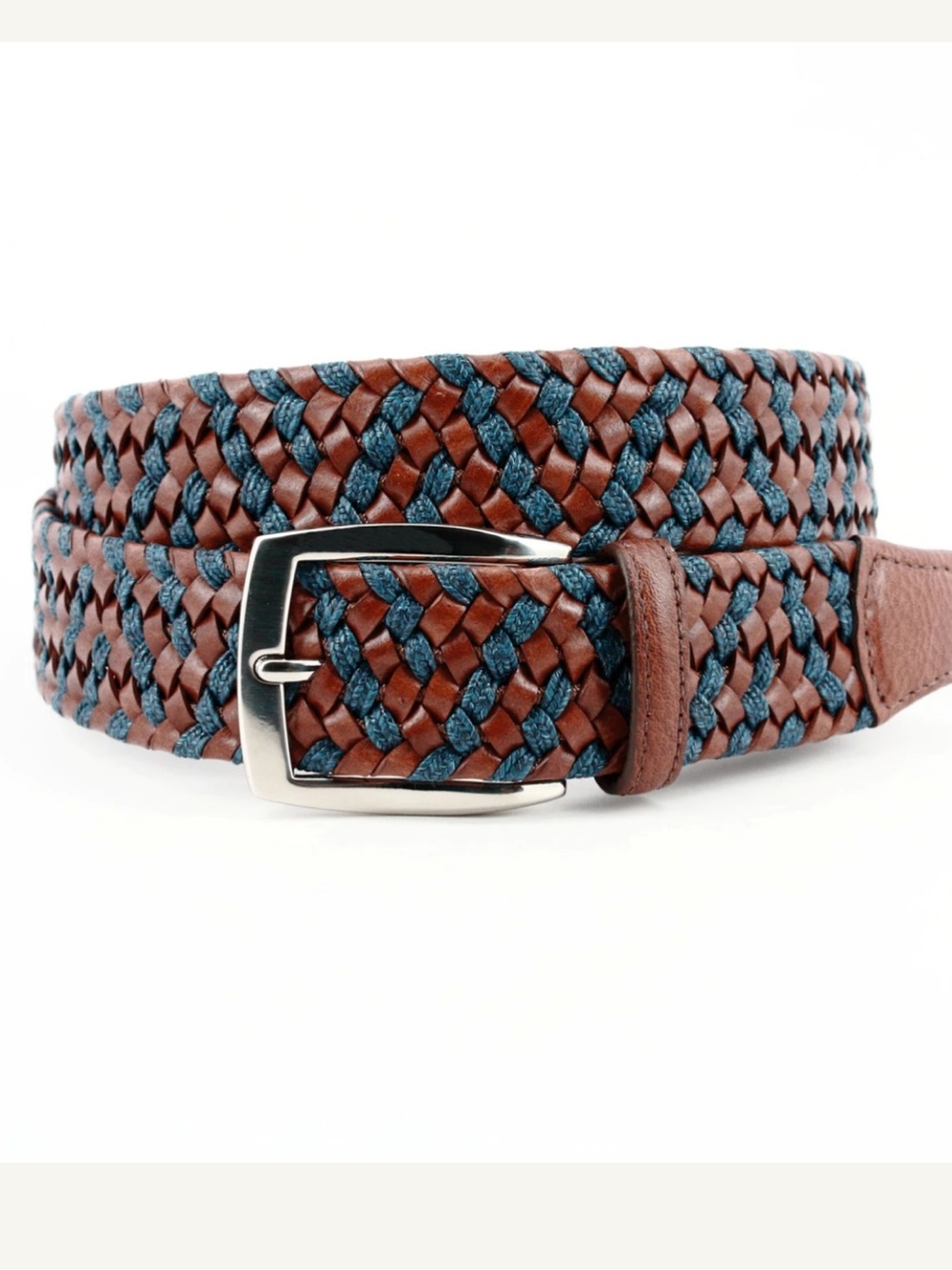 Italian Braided Leather & Linen Belt in Cognac/Navy by Torino Leather Co. Sz 34
